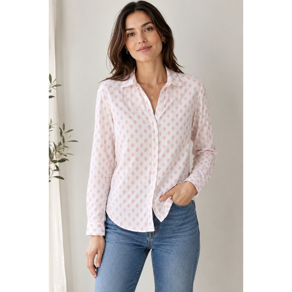 Garnet Hill Button Front Shirt Womens 6P White Red Botanical Print 100%Cotton